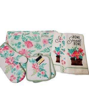 Flower Garden Kitchen Set, 10-piece, Placemats Towels Mitts, Green Pink Floral